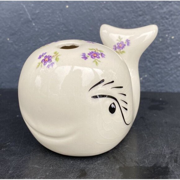 Anthropomorphic Porcelain Ceramic Whale Figurine Hand Painted Victorian Floral - Picture 9 of 9